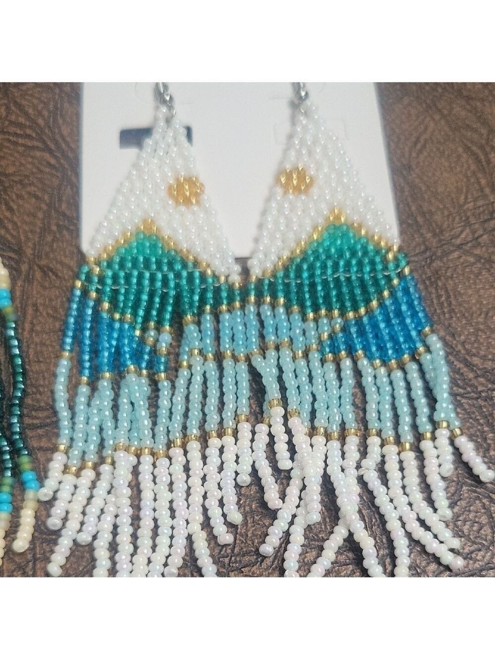 Boho Beaded Fringe Earrings Lot 2 Pairs Turquoise Brown White - Picture 3 of 9